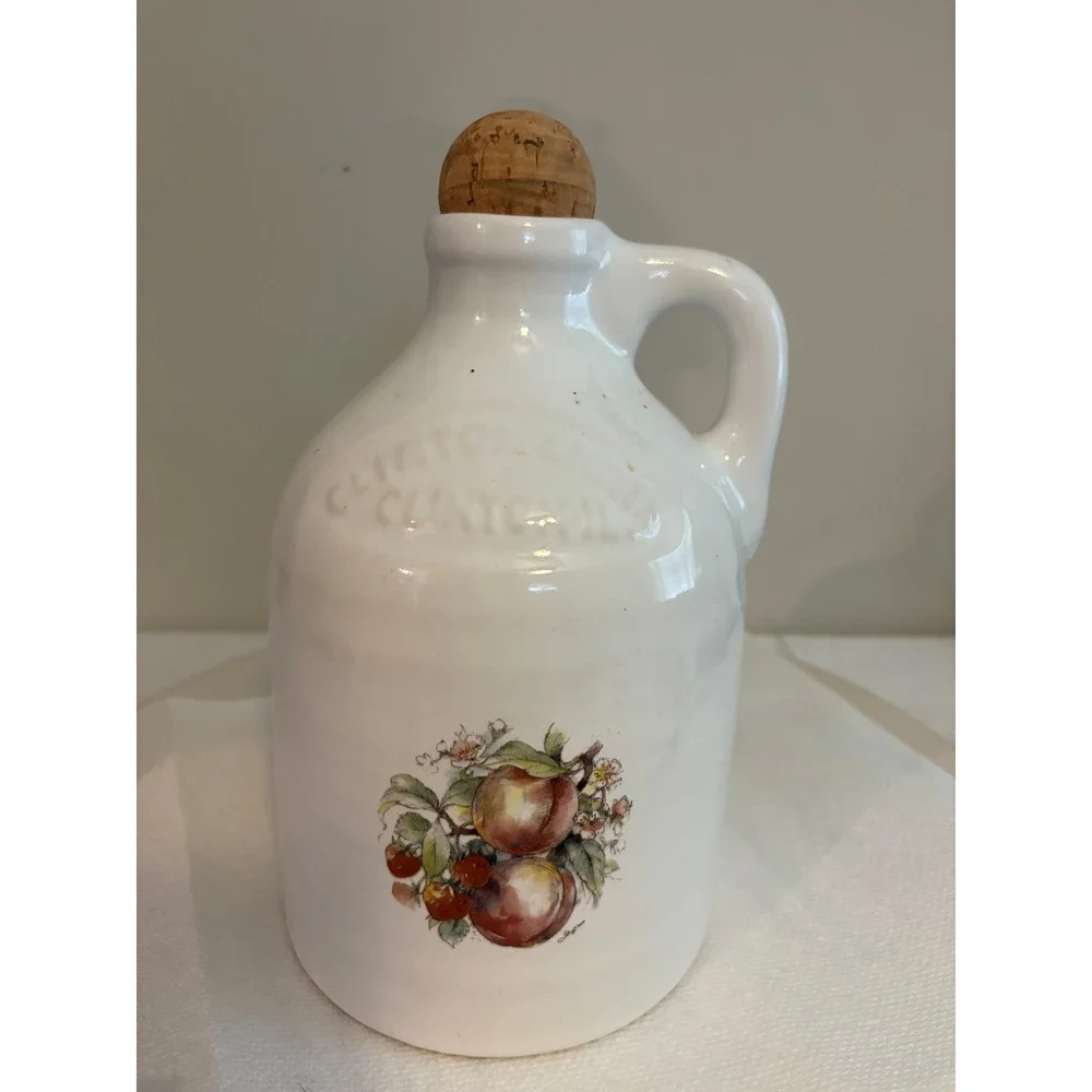 Clintonville Ceramic Whiskey Jug White Stoneware Fruit Decal Peach Berry Decor